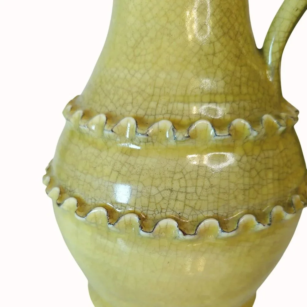 Vintage Raku Crackle Glaze Yellow Pitcher Vase Ruffle Border Studio Earthenware